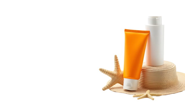 A vibrant orange and white sunscreen tube placed on a straw hat with a starfish, evoking a beach holiday vibe
