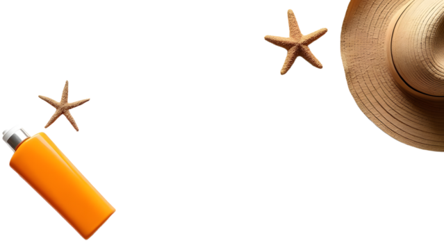A vibrant orange sunscreen bottle beside a straw hat and starfish on a sandy beach, evoking summer relaxation and vacation vibes