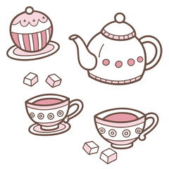 Cute Tea Time Vector Icons with Teapots Cups and Sugar Cubes