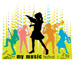 Children musicants silhouettes with music elements on bright background. Vector illustration.	
