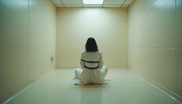 Woman in padded cell, seated on floor, back to camera. Mental health concept, symbol of confinement, isolation, loneliness. Psychological distress, anxiety, depression, psychiatric treatment.