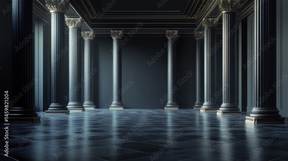 Poster dark wall with copyspace in stylish empty gallery hall with huge columns and gloosy tiles floor. 3d 