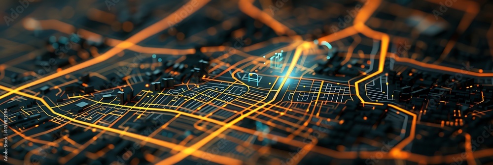 Poster abstract aerial view of a dark city map or circuit board with glowing orange lines representing stre