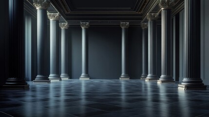 Dark wall with copyspace in stylish empty gallery hall with huge columns and gloosy tiles floor. 3D rendering, mockup illustration , no logos, no brands