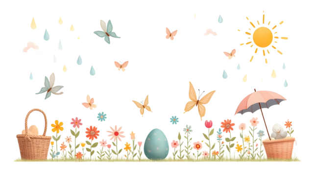 A vibrant spring scene featuring colorful butterflies, flowers, and an Easter egg, with a sunny backdrop and playful elements