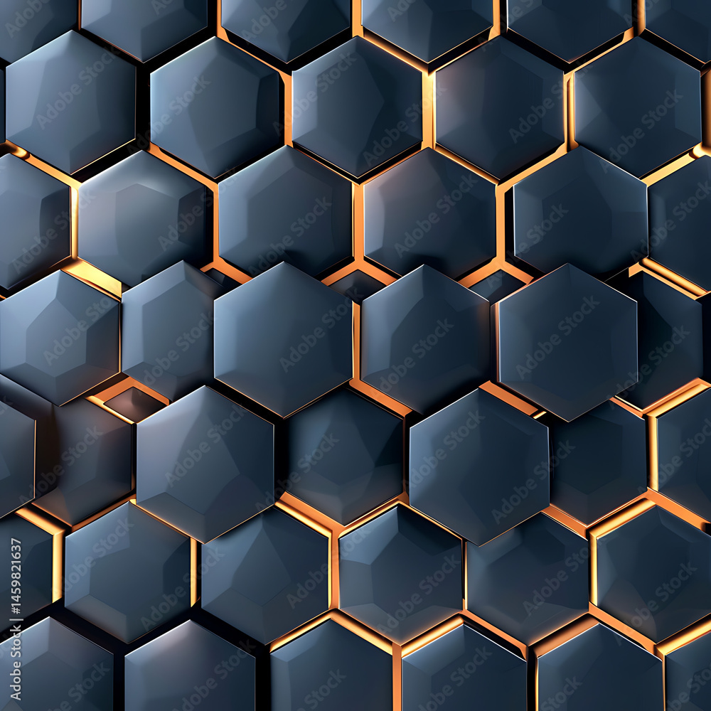 Poster abstract close-up of a dark grey or black hexagonal honeycomb pattern with glowing gold light emanat