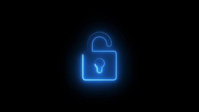 Glowing neon cracked lock unlock icon on background.Unlock sign symbol.Lock unlock