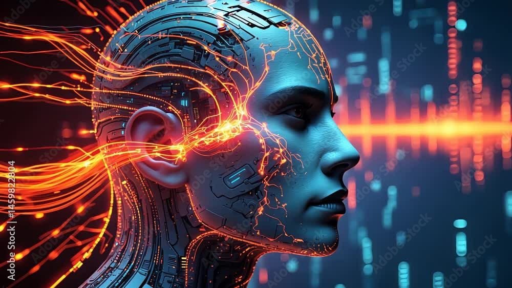 Poster close-up of a futuristic human head with circuitry and glowing data lines, surrounded by digital ele