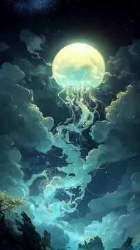 Mystical jellyfish in a night sky filled with clouds