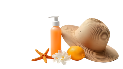 A vibrant summer scene featuring a sun-kissed bottle of lotion, a wide-brimmed hat, a lemon, and decorative starfish, ideal for beach-themed promotions