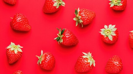Whole strawberries with stem positioned on vivid red backdrop creating vibrant food pattern concept emphasizing freshness tropical fruit sweetness and healthy organic diet lifestyle idea