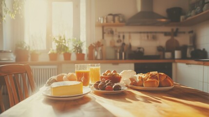 Morning Sunlight Illuminates a Delightful Breakfast Spread in a Cozy Kitchen