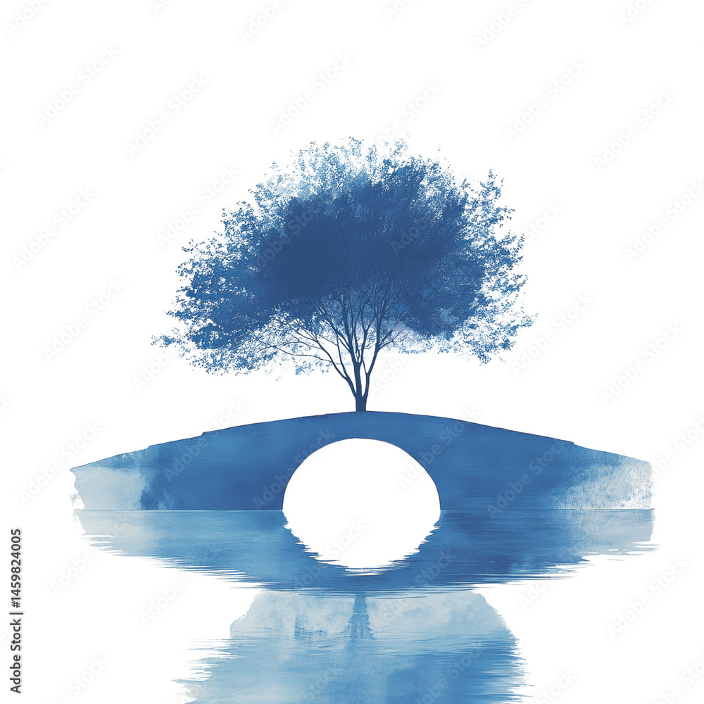 Poster tranquil azure scene featuring a tree on a bridge reflected in rippled water