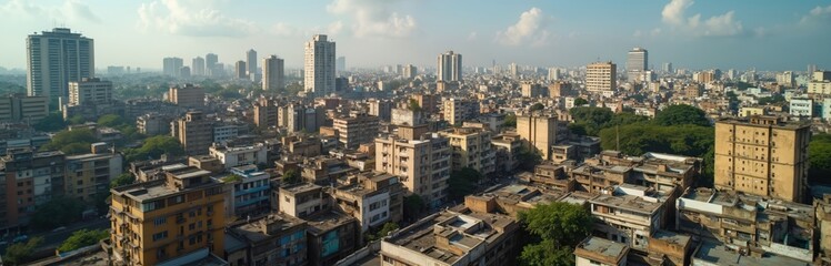 Aerial view of Mumbai cityscape residential area. Buildings, homes, housing, apartments densely packed. Metropolis urban life. Skyline of city with skyscrapers. Travel India.