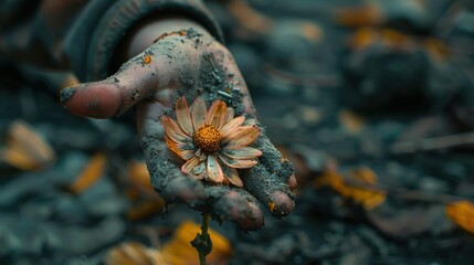 Muddy hand holding a flower