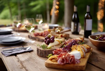 Elegant Outdoor Dining Setup Featuring Charcuterie Board, Fresh Fruits, and Wine Bottles in a Beautiful Natural Setting with Soft Lighting