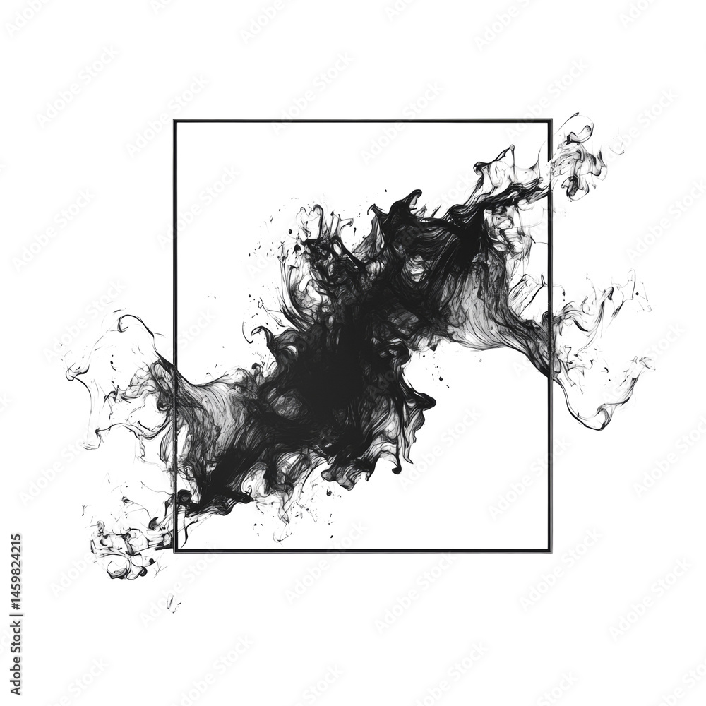 Poster Abstract ink cloud within a square frame on a white backdrop creates a depth