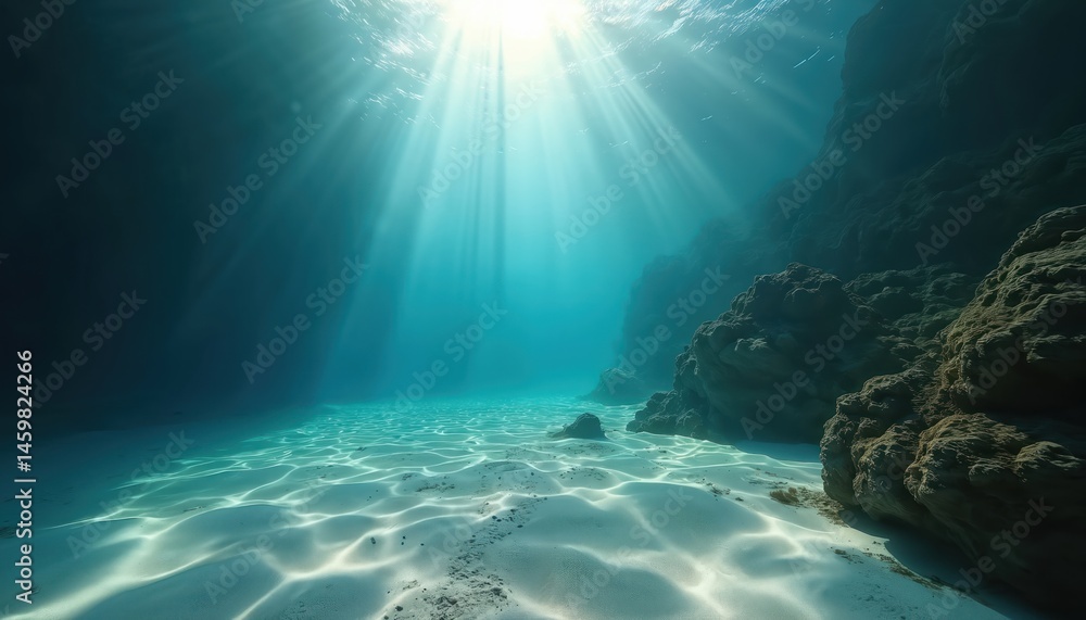 Aufkleber Sunlight streams illuminate ocean floor. Sandy seabed with light rays, creating tranquil underwater landscape. Deep blue sea water with light, shadow play. Underwater scene of sea, sun rays create