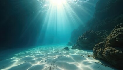 Obraz premium Sunlight streams illuminate ocean floor. Sandy seabed with light rays, creating tranquil underwater landscape. Deep blue sea water with light, shadow play. Underwater scene of sea, sun rays create