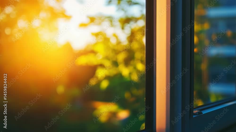 Poster A close-up view of a window with sunlight streaming in, ideal for use in interior design or architecture illustrations