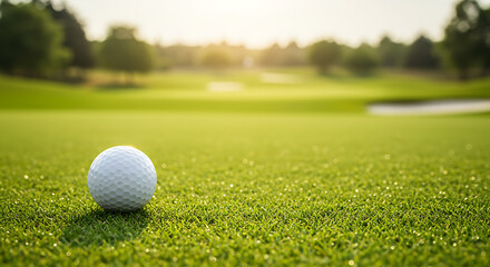 A white golf ball resting on a vibrant green putting surface at a golf course