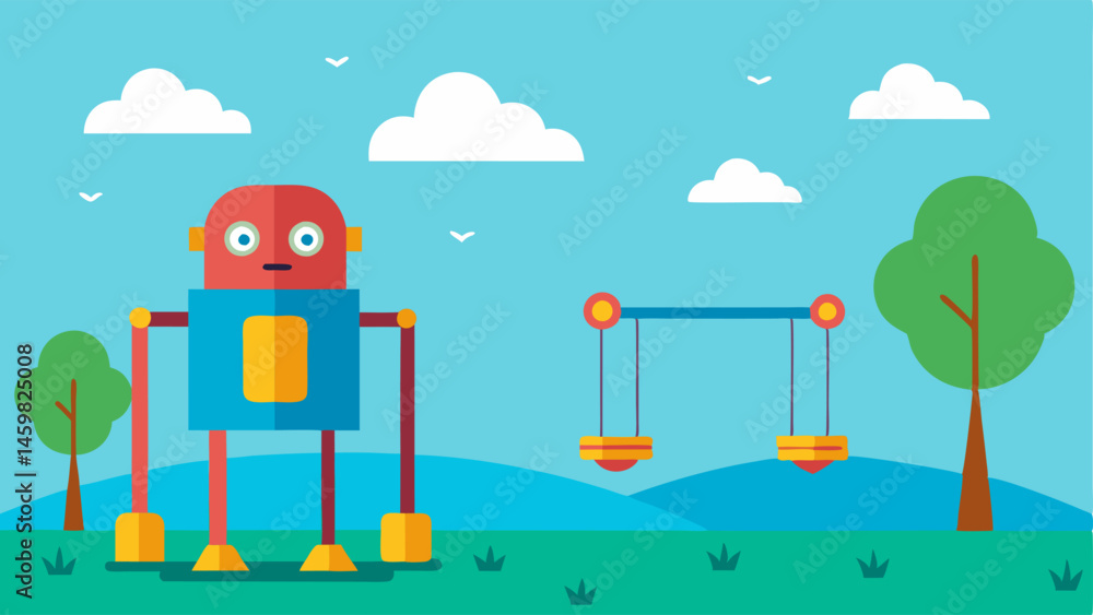 Aufkleber Playground Fun The robot is standing next to a small playground in the park watching as the bird playfully swings on a miniature swing set installed just for it. The scene is