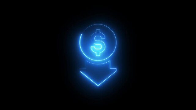Neon cost reduction icon animation. Dollar down icon. Low price dollar concept.