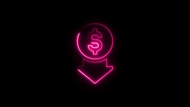 Neon cost reduction icon animation. Dollar down icon. Low price dollar concept.