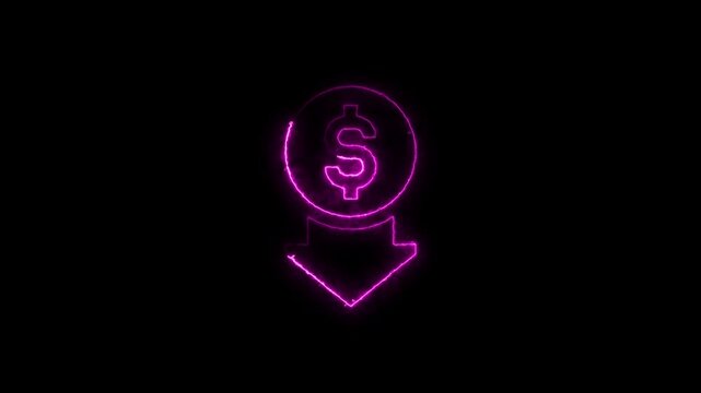 Neon cost reduction icon animation. Dollar down icon. Low price dollar concept.