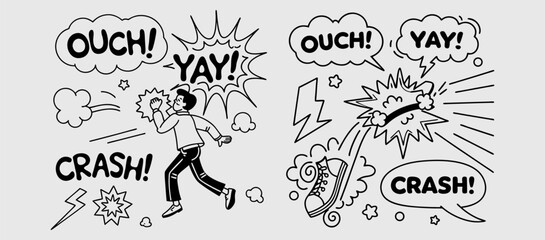 Comic boom cartoon effect line element set. Comic speech bubble pow, boom text, explosive splash smoke, wow cartoon vector icon. Hand drawn sketch doodle explosive element. Vector illustration. EPS