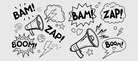 Comic boom cartoon effect line element set. Comic speech bubble pow, boom text, explosive splash smoke, wow cartoon vector icon. Hand drawn sketch doodle explosive element. Vector illustration. EPS