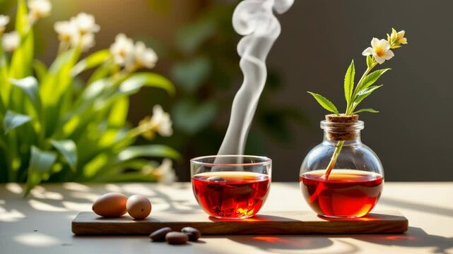 A steaming glass of herbal tea beside a small jar with flowers and seeds on a wooden tray in sunlight.