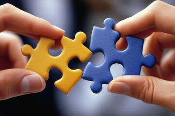 Two puzzle pieces, yellow and blue, being fitted together by hands.  Close-up view