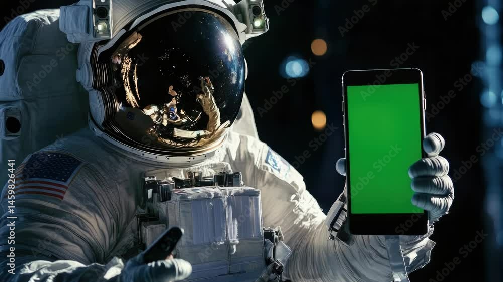 Poster an astronaut holds a smartphone with a green screen, ideal for virtual presentations or futuristic c