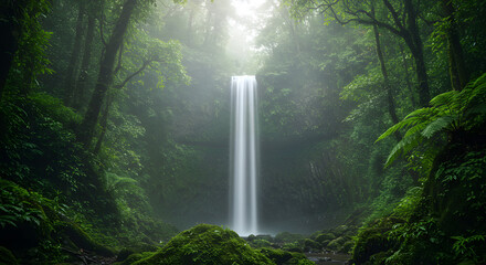 Lush Green Rainforest Waterfall in Sunlight