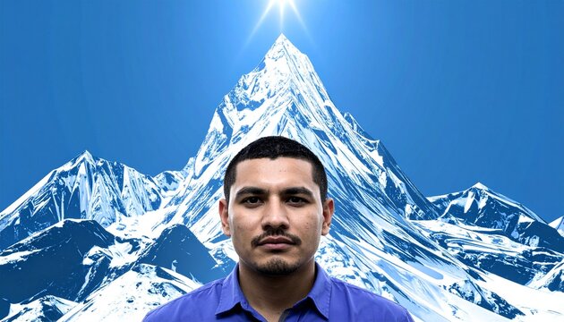 Unyielding Resolve: Serious Man Against a Majestic Snow-Capped Mountain Peak Bathed in Bright Sunlight, Symbolizing Challenge, Achievement, and Unwavering Determination
