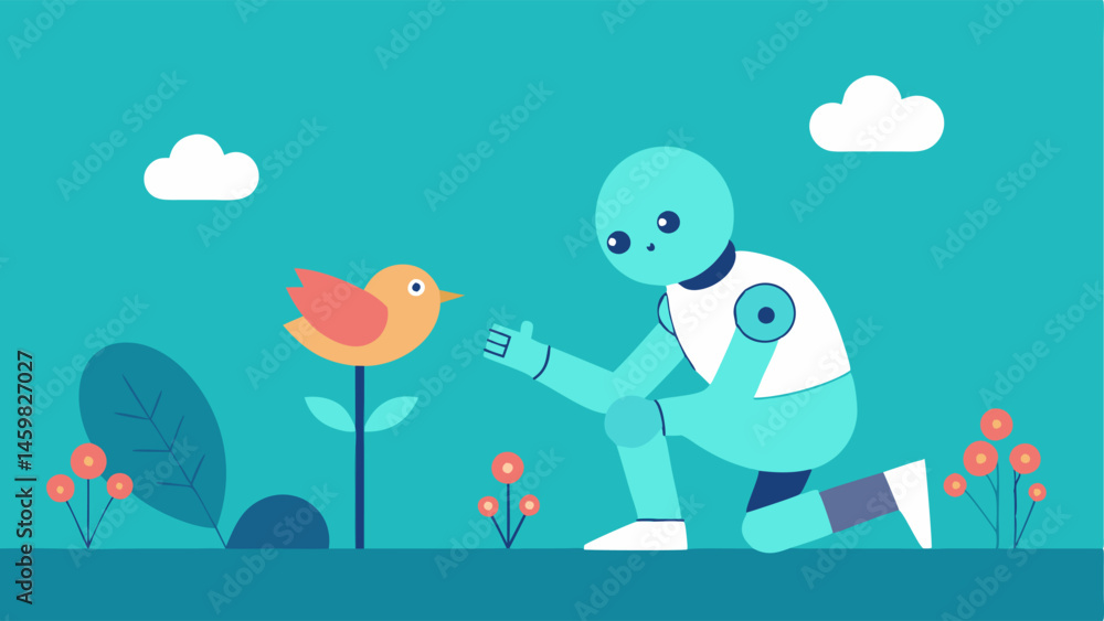 Aufkleber playful interaction the robot is kneeling on one knee in the park with a gentle expression on its fa