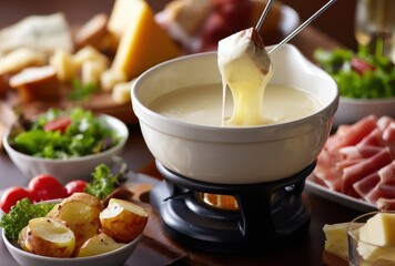 Delicious Swiss cheese fondue being enjoyed with bread and fresh vegetables on a beautifully arranged table for a cozy and inviting gathering