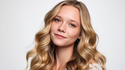 Naklejka premium A blonde woman with long wavy hair smiles softly while posing in a well-lit studio. The background is neutral, accentuating her features and creating a warm atmosphere