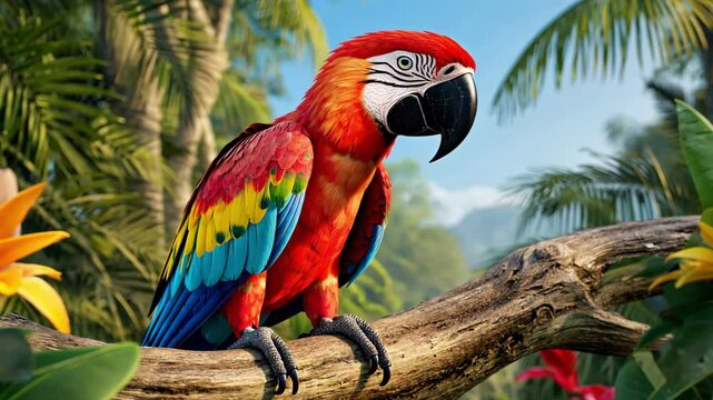 Vibrant 4K shot of a red and blue parrot perched on a tree branch in the jungle. Ideal for wildlife, tropical, or nature-themed content.