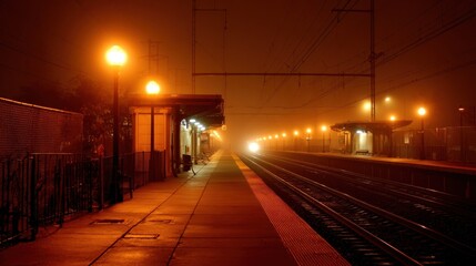Fog envelops a train platform at night creating a mysterious atmosphere with warm glowing lights