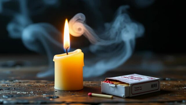 A lit yellow candle with visible smoke swirls stands beside an open matchbox on a rustic wooden surface.