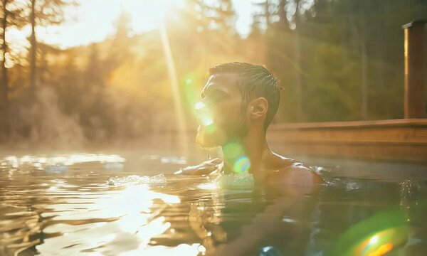 A serene moment of a man unwinding in a steaming outdoor cold frozen lake amidst a picturesque forest setting during sunset, evoking relaxation and peace Skinny dip in cold water