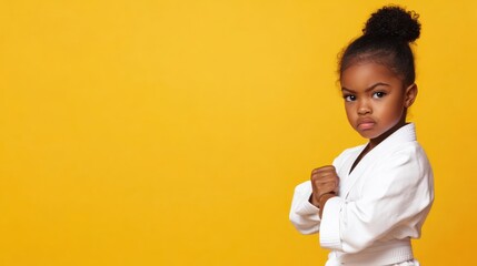 Determined Young Karate Kid in White Gi Against Vibrant Yellow Background