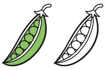 Fresh green pea pod alongside its outline version showcases organic simplicity isolated on white background