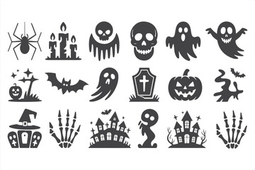 Spooky Halloween Icons in Silhouette: Haunted Houses, Ghosts, and Pumpkins