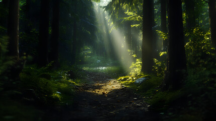 Fototapeta premium A forest path surrounded by towering trees with sunlight filtering through, leading to a peaceful lake in a mountain valley.