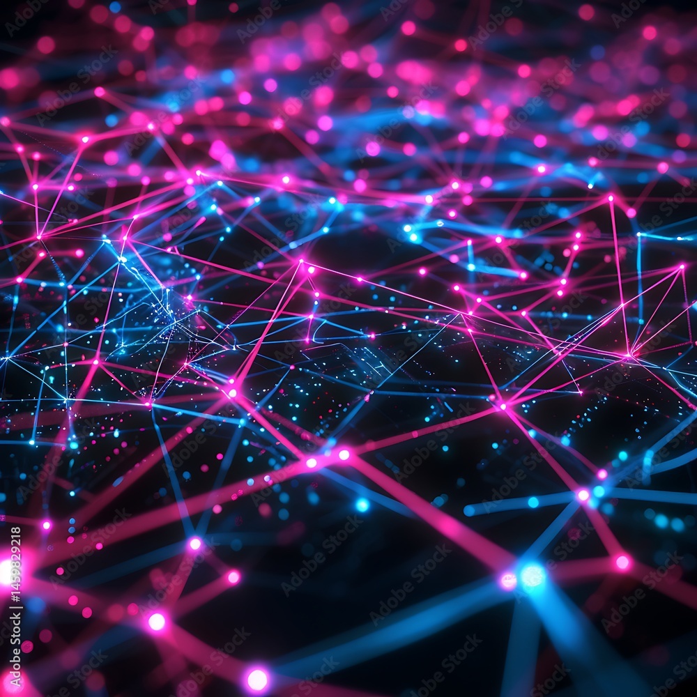 Aufkleber dynamic abstract network of glowing pink and blue interconnected lines and nodes on a dark backgroun