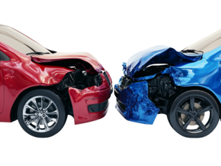 Front Collision of Red and Blue Cars Isolated on Transparent Background


