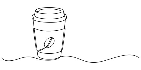 Coffee to go continuous line vector illustration, Paper cup of hot coffee in one Continuous line drawing. Concept of drink to go in line art style. Editable stroke. Vector illustration, Minimal design